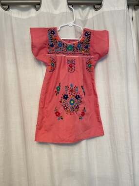 Pink Hand Embroidered Girls Mexican Traditional Floral Fiesta Dress